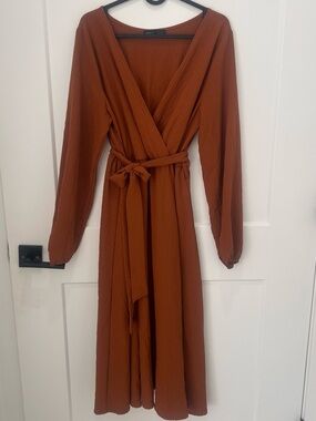SHEIN Rust Long Sleeve Wrap Midi Dress SIZE LG